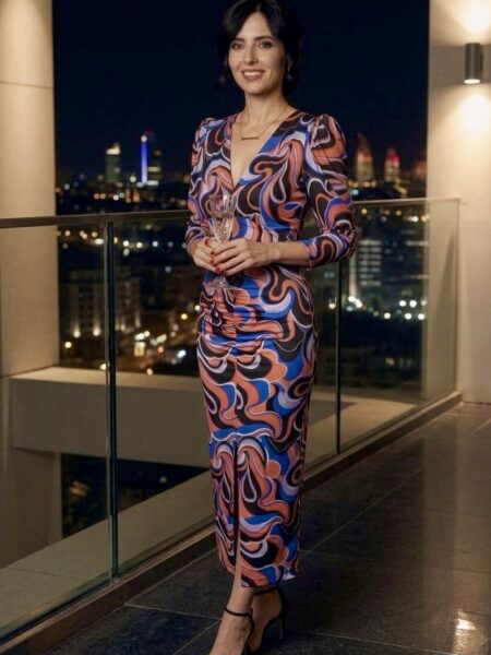 Vestido en punto de licra suave, de corte midi, escote en pico, mangas largas y hombros abullonados. Abertura frontal. Talla única: 36 a 42 100% poliester. Alabama Shop