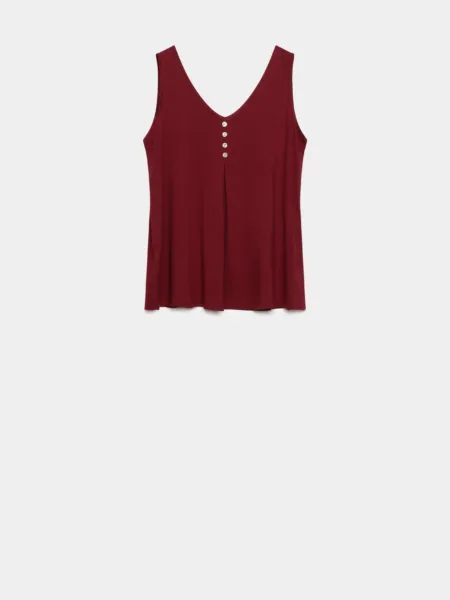 TOP FLUIDO BOTONES BURGUNDY 3 Top ciruela de tirantes. Tejido fluido. Escote pico. Tirantes anchos. Botones decorativos. Composición: 95% Viscosa, 5% Elastano Hecho en Italia Alabama Shop