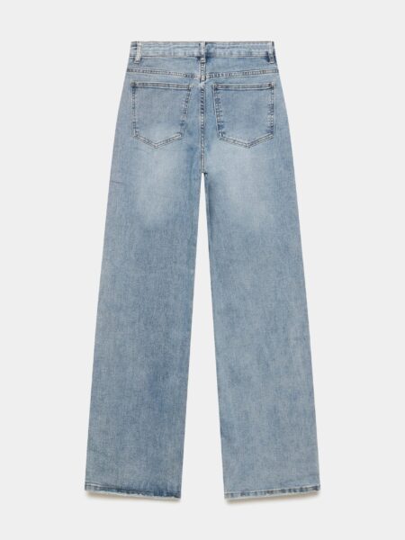 Vaqueros corte wide leg con detalle de cintura desplazada.  Tejido mezcla de algodón. Tejido tejano vaquero. Tejido elástico. Diseño recto. Diseño largo. Tiro alto.  Cinco bolsillos. Cierre de cremallera y botón. Trabillas. Detalle botones asimétricos. Composición: 88% Algodón, 10% Poliéster, 2% Elastano Alabama Shop