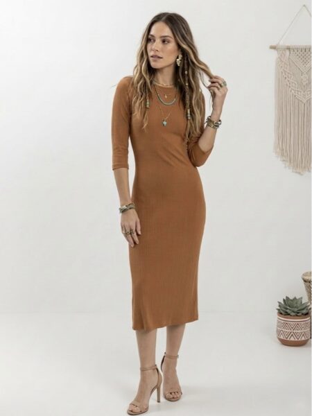VESTIDO MIDI ACANALADO TOSTADO