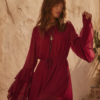 VESTIDO GASA VOLANTES VINO