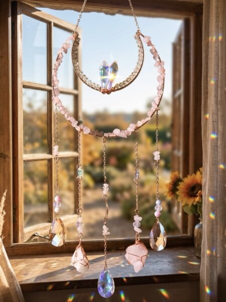 <strong>Móvil de Refracción Cristalina: Esencia Lunar</strong> Transforma la luz solar en una danza mágica de arcoíris con esta pieza de joyería ambiental. El <strong>Móvil de Refracción Cristalina "Esencia Lunar"</strong> fusiona la mística de los ciclos lunares con la energía del <strong>cuarzo rosa</strong> y prismas de alta pureza. Más que una decoración, es un instrumento diseñado para armonizar tus espacios, elevando la vibración de tu hogar a través de destellos etéreos y serenidad visual. Una invitación artesanal a conectar con la intuición y bañar tus rincones favoritos de pura luz celestial. Alabama Shop