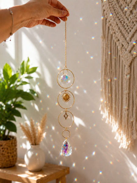 MÓVIL DE REFRACCIÓN SOLAR: Sol de Aura 3 Móvil de refracción solar: Sol de Aura ✨ Un atrapasol delicado y luminoso diseñado para llenar tu hogar de reflejos arcoíris y energía bonita. Su diseño combina círculos dorados, un pequeño sol y cristales facetados que capturan la luz natural creando destellos mágicos y relajantes. Perfecto para ventanas, rincones boho y espacios slow living. Alabama Shop