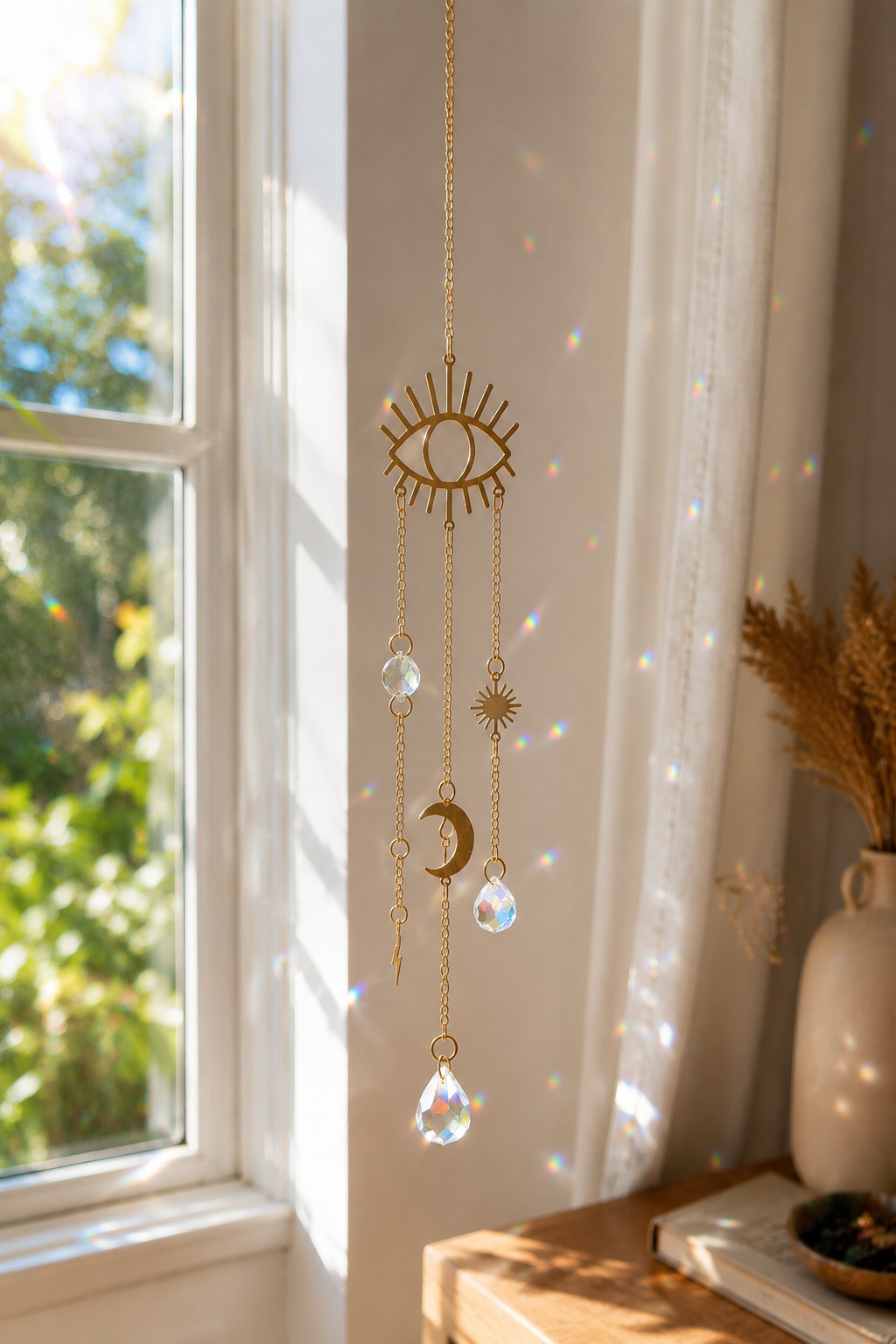 7231e22c-d9d9-4f90-a961-31442a398fc2 Móvil de refracción solar: Ojo ✨ Un atrapasol decorativo lleno de luz y simbolismo que transforma cualquier rincón con reflejos arcoíris y una energía especial. Su diseño de ojo místico con lunas, soles y cristales facetados crea un efecto mágico cuando recibe la luz natural. Perfecto para decorar ventanas, dormitorios o espacios de estilo boho y slow living. Alabama Shop