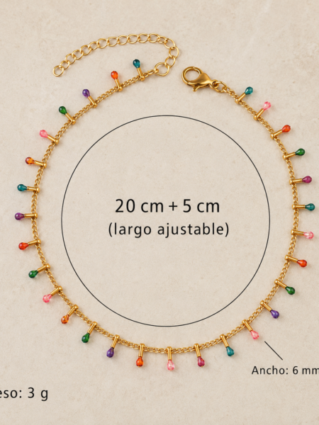 TOBILLERA SUMMER DROPS 3 La tobillera más divertida y colorida del verano ✨ Una cadena dorada de acero con pequeños charms multicolor que aporta un toque alegre, original y muy especial a cualquier look. Perfecta para llevar con sandalias, descalza en la playa o combinada con otras tobilleras para un estilo más boho. Tobillera dorada con detalles multicolor Largo ajustable: 20 cm + 5 cm Ancho aproximado: 6 mm Peso: 3 g Cierre de mosquetón Ligera, cómoda y fácil de combinar Alabama Shop