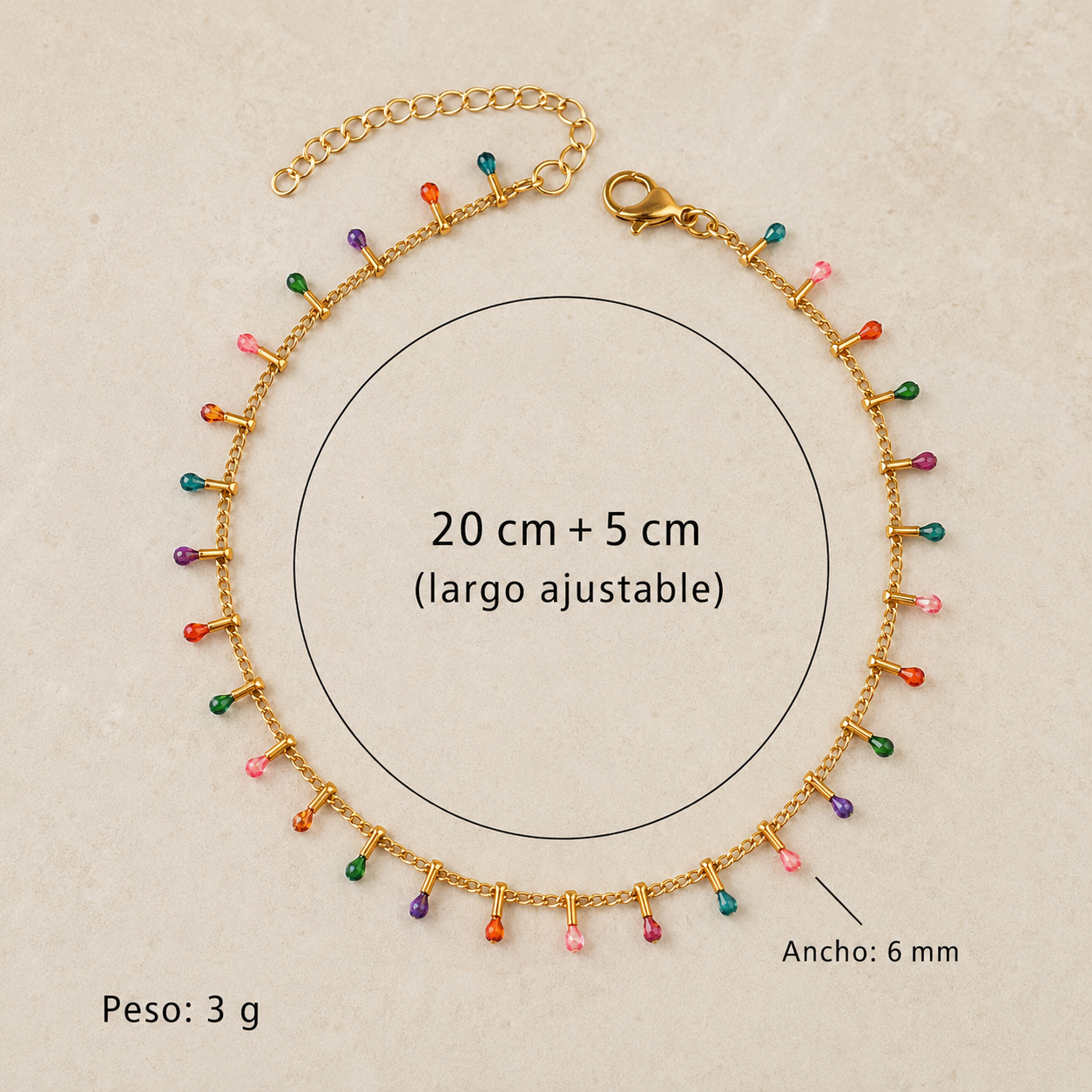 743da8b6-1979-4dd2-aeba-e7fa92c8057c La tobillera más divertida y colorida del verano ✨ Una cadena dorada de acero con pequeños charms multicolor que aporta un toque alegre, original y muy especial a cualquier look. Perfecta para llevar con sandalias, descalza en la playa o combinada con otras tobilleras para un estilo más boho. Tobillera dorada con detalles multicolor Largo ajustable: 20 cm + 5 cm Ancho aproximado: 6 mm Peso: 3 g Cierre de mosquetón Ligera, cómoda y fácil de combinar Alabama Shop