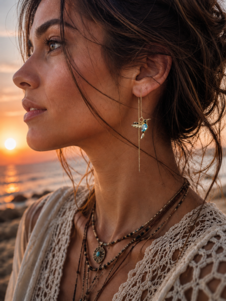 Pendientes colibrí de estilo delicado y femenino con acabado dorado y detalle azul turquesa. Su diseño ligero y elegante aporta un toque boho chic perfecto para elevar cualquier look, desde el más casual hasta uno más especial. Gracias a su cadena larga y fina estilizan muchísimo y quedan preciosos puestos. Medidas: Largo total: 7,2 cm Colibrí: 1,7 cm x 1,5 cm Alabama Shop