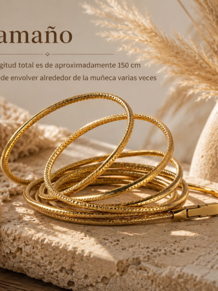 <p>Pulsera larga de cuero sintético dorado con acabado metalizado y cierre magnético. Su diseño flexible de 150 cm permite envolverla varias veces alrededor de la muñeca, creando un efecto de múltiples brazaletes en una sola pieza. Un complemento elegante, ligero y muy versátil que aporta un toque boho chic a cualquier look.</p> <ul> <li>Material: cuero sintético</li> <li>Color: dorado</li> <li>Longitud aproximada: 150 cm</li> <li>Cierre magnético metálico</li> <li>Diseño multiposición para enrollar varias vueltas</li> </ul> Alabama Shop